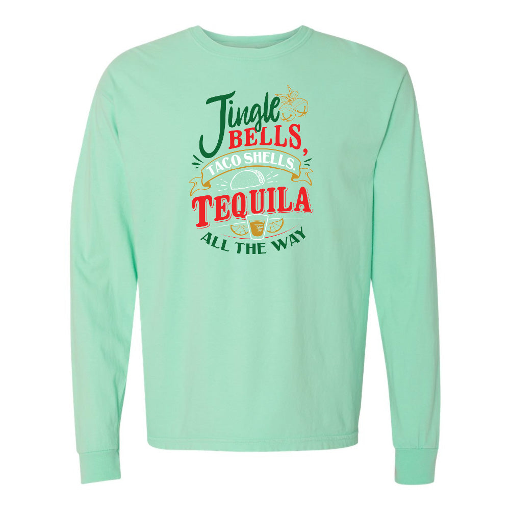 Mint green long-sleeve shirt with festive text design on a white background