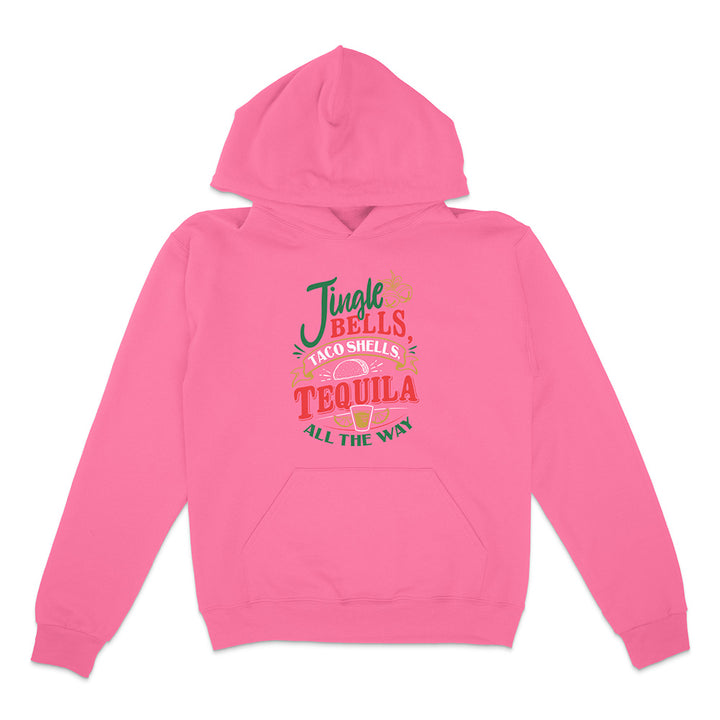 Neon Pink Hoodie with red green and yellow graphic text reading "Jingle Bells Taco Shells, Tequila All The Way".