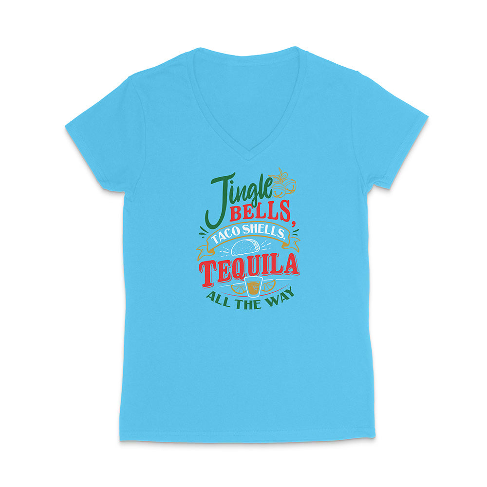 Blue t-shirt with colorful text design reading "Jingle Bells Taco Shells Tequila All The Way" on a white background