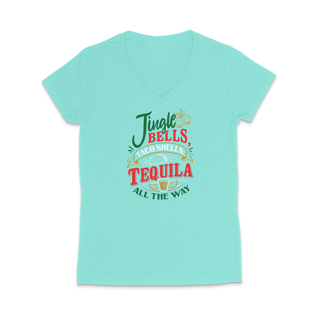 Mint green  t-shirt with colorful text design reading "Jingle Bells Taco Shells Tequila All The Way" on a white background