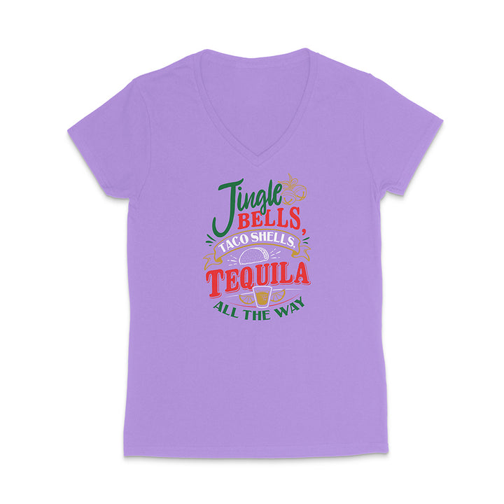 Violet t-shirt with colorful text design reading "Jingle Bells Taco Shells Tequila All The Way" on a white background