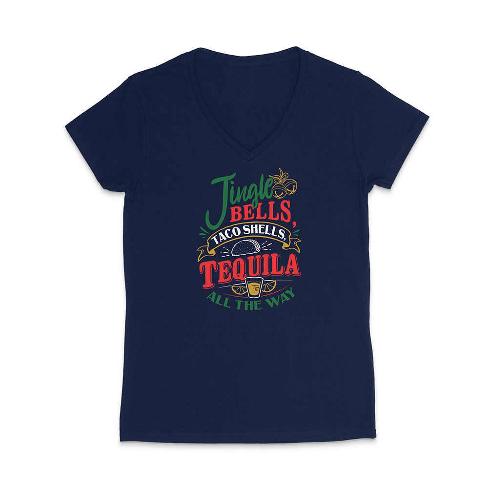 Navy t-shirt with colorful text design reading "Jingle Bells Taco Shells Tequila All The Way" on a white background