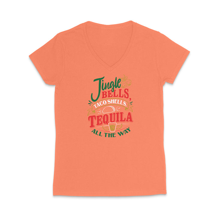 Orange t-shirt with colorful text design reading "Jingle Bells Taco Shells Tequila All The Way" on a white background