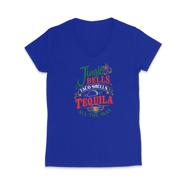 Blue t-shirt with colorful text design reading "Jingle Bells Taco Shells Tequila All The Way" on a white background