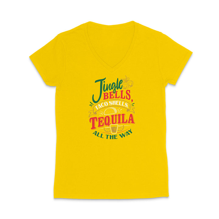 Yellow t-shirt with colorful text design reading "Jingle Bells Taco Shells Tequila All The Way" on a white background