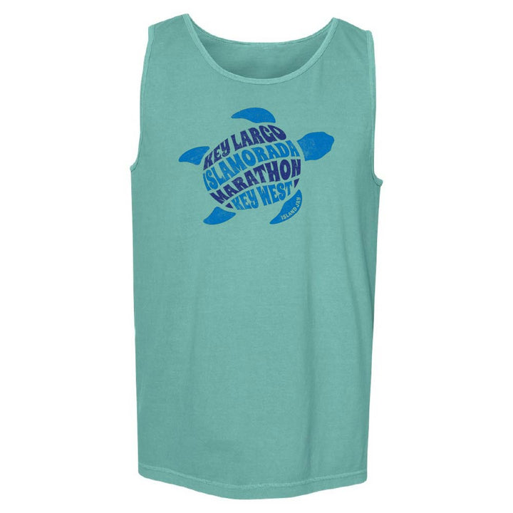 Teal tank top with blue turtle graphic and text reading "Key Largo, Islamorada, Marathon, Key West".