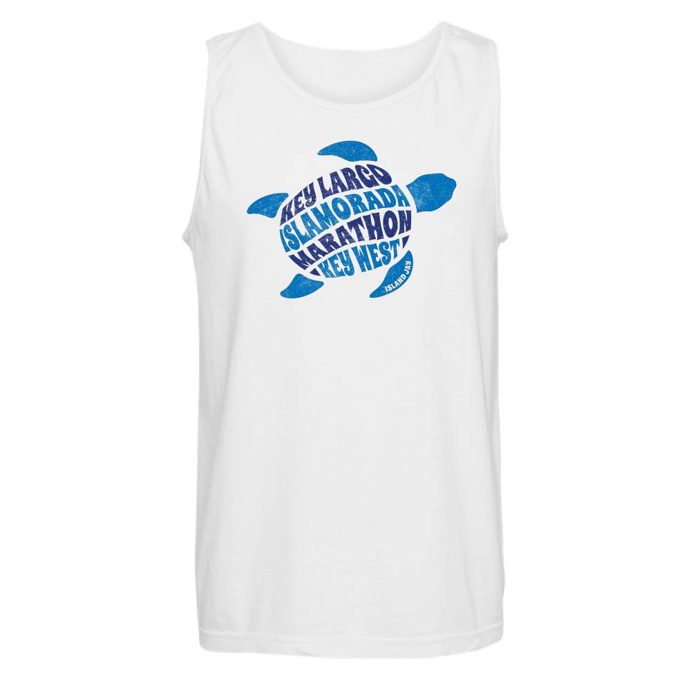 White tank top with blue turtle graphic and text reading "Key Largo, Islamorada, Marathon, Key West".