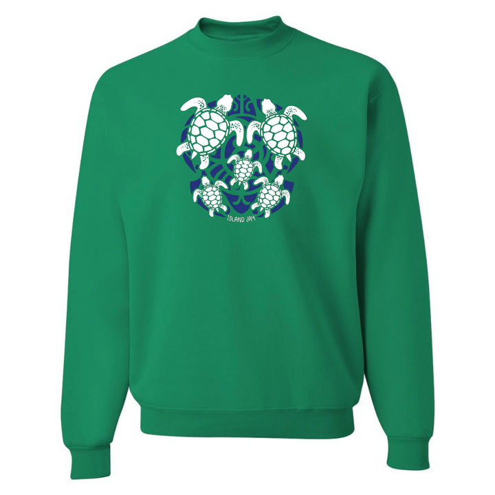 Green hoodie with a blue and white turtle graphic on a white background