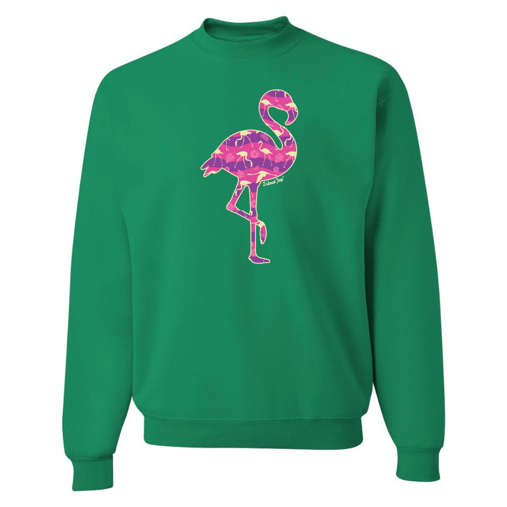 Green sweatshirt with a colorful flamingo design on a white background