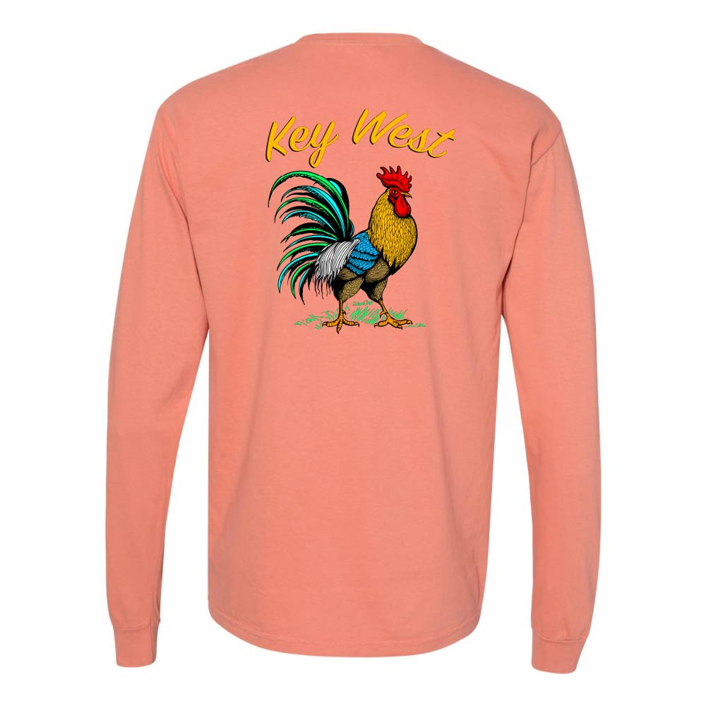 Light orange long-sleeve shirt with a colorful rooster graphic and 'Key West' text.