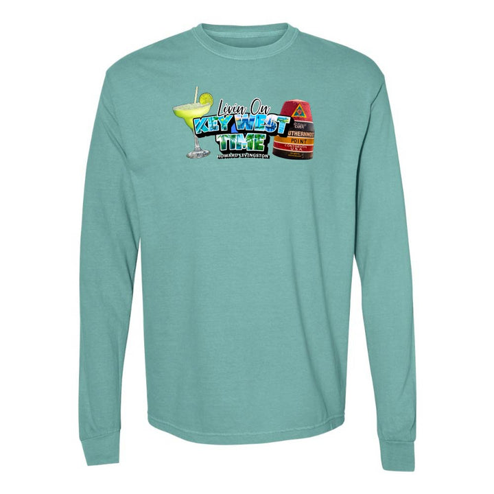 Teal Long Sleeve T-Shirt with Margarita and Southernmost Point graphic with text reading "Living on Key West Time - Howard Livingston".