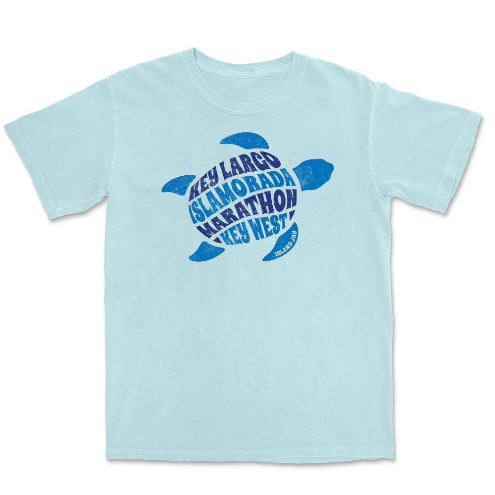 Light blue t-shirt with a blue turtle graphic and names of 4 floriday keys on a white background