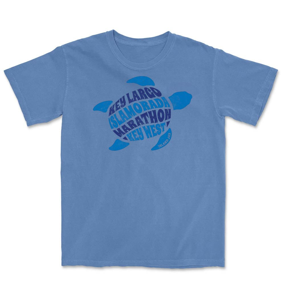 Flo blue t-shirt with a blue turtle graphic and names of 4 floriday keys on a white background
