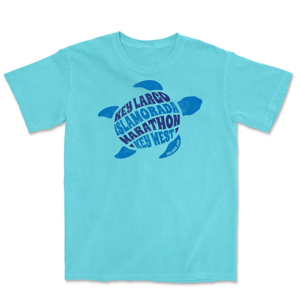 Light blue t-shirt with a turtle graphic and the names of Keys as part of the turtle