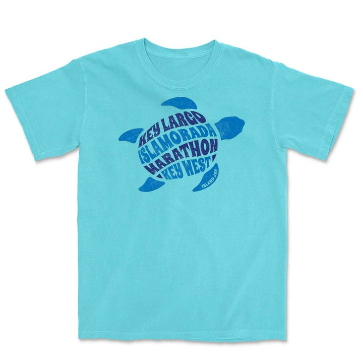 Light blue t-shirt with a turtle graphic and the names of Keys as part of the turtle