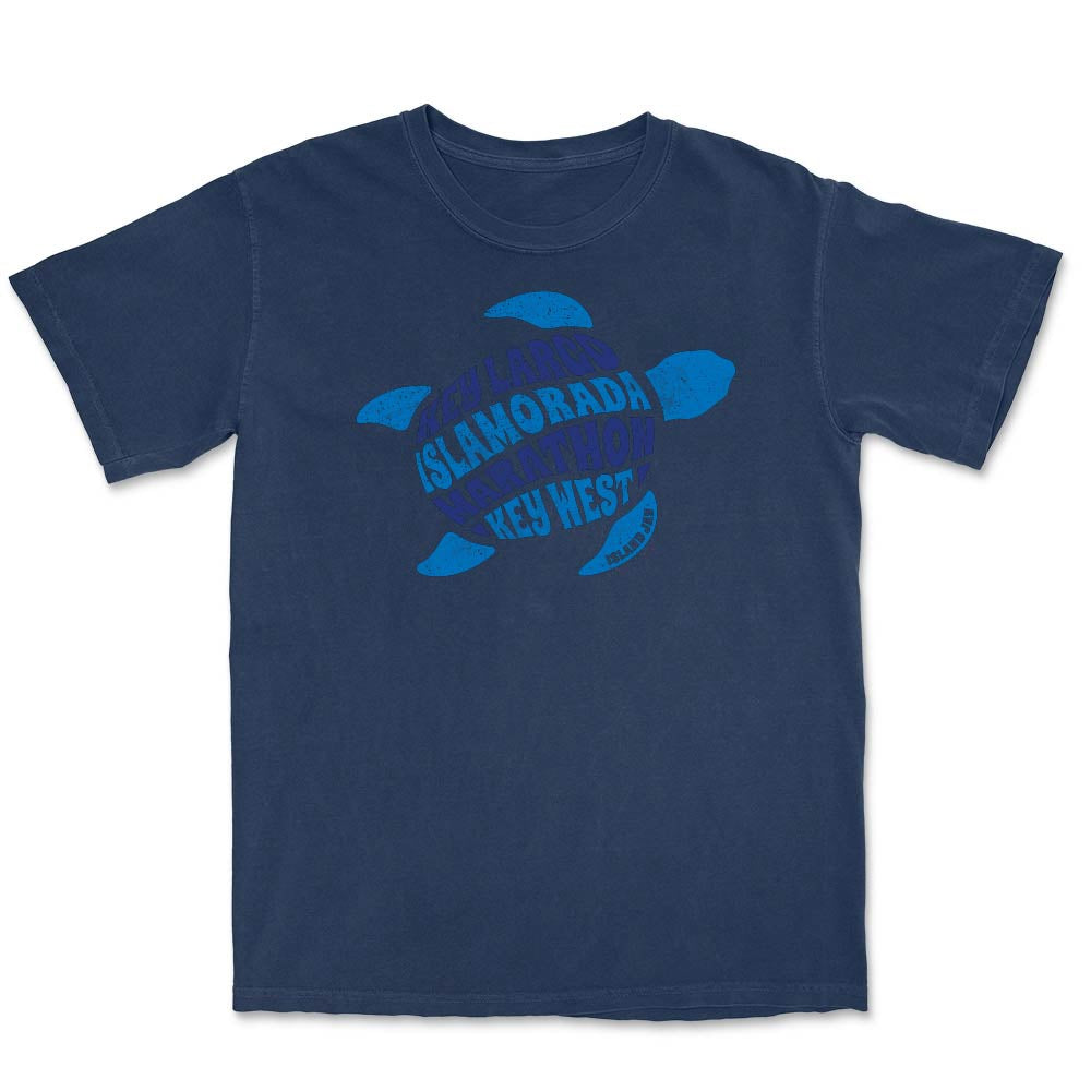 Navy blue t-shirt with a blue turtle graphic and names of 4 floriday keys on a white background