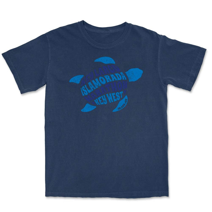 Navy blue t-shirt with a blue turtle graphic and names of 4 floriday keys on a white background