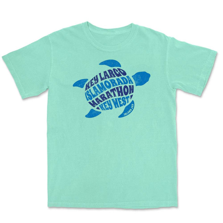 Reef Green t-shirt with a blue turtle graphic and names of 4 floriday keys on a white background