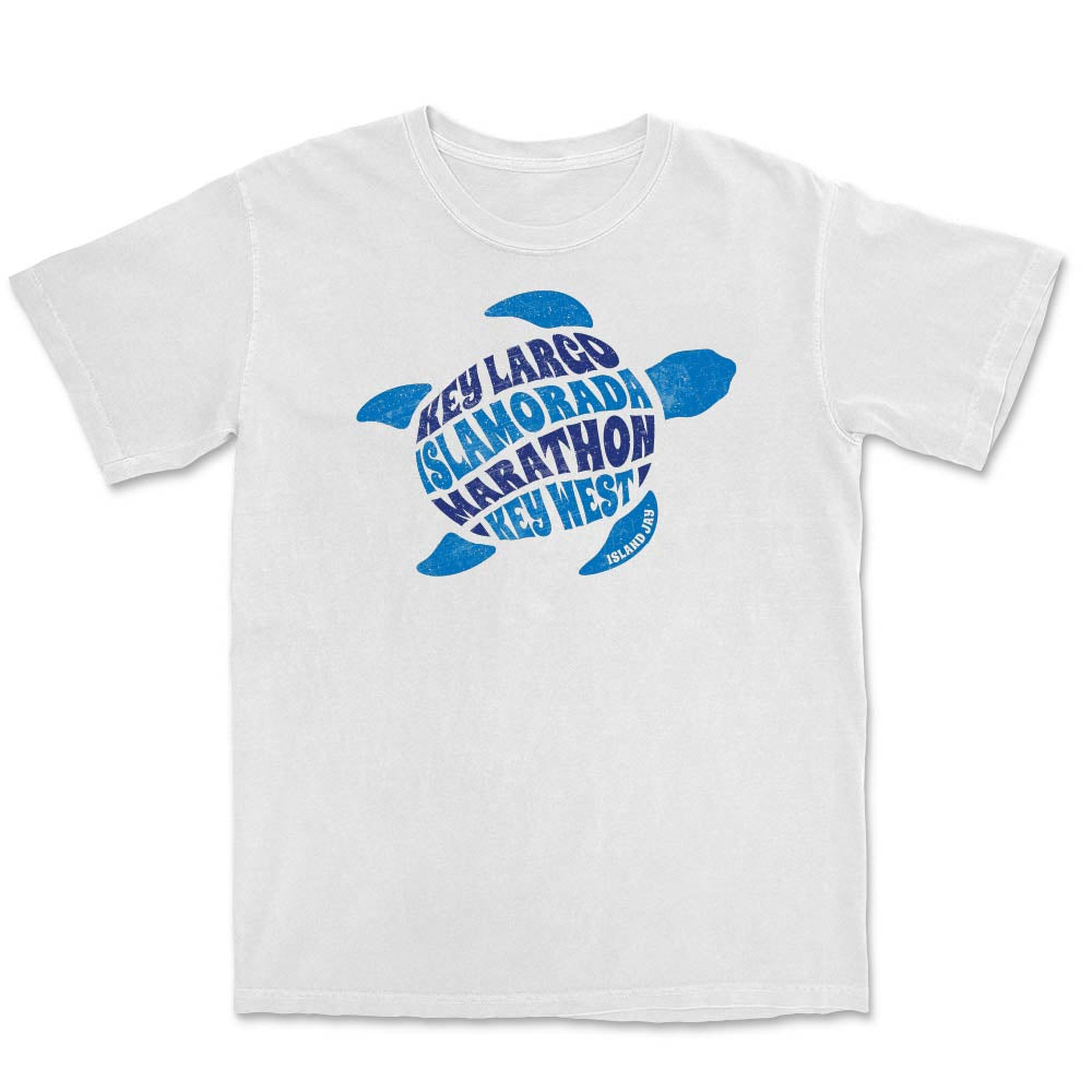 White t-shirt with a blue turtle graphic and names of 4 floriday keys on a white background