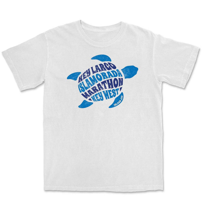 White t-shirt with a blue turtle graphic and names of 4 floriday keys on a white background