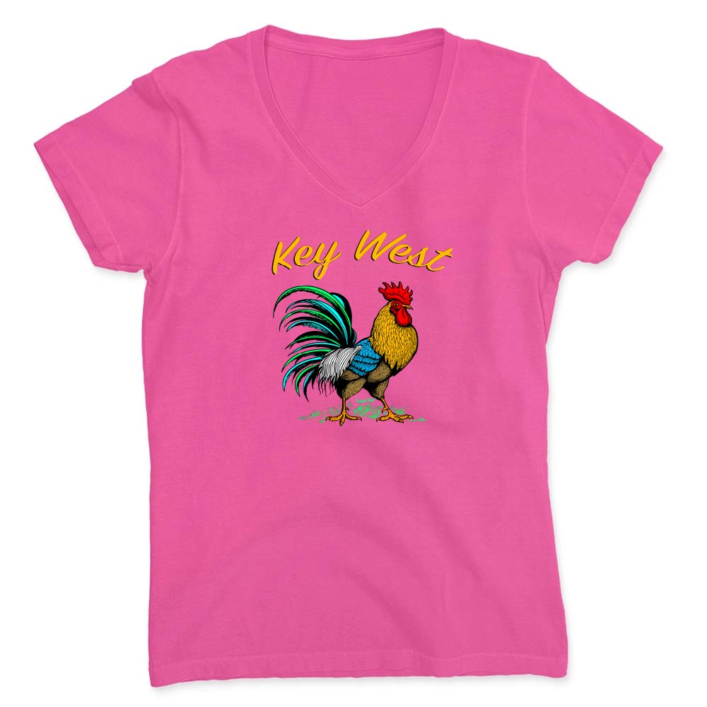 Pink t-shirt with a rooster graphic and 'Key West' text on a white background