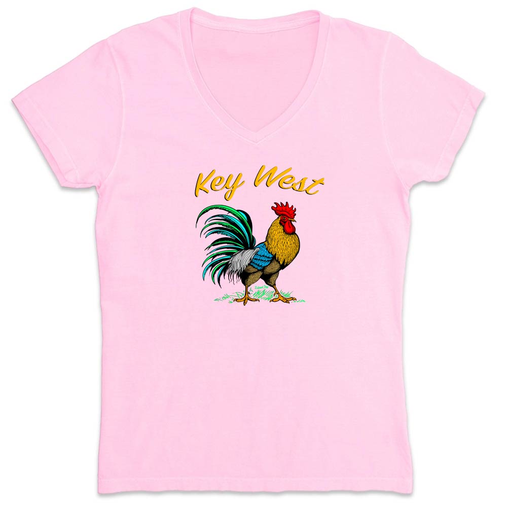 Pink t-shirt with a colorful rooster graphic and 'Key West' text on a white background
