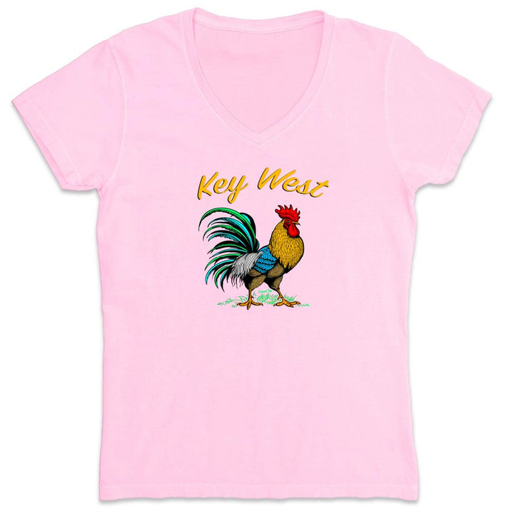 Pink t-shirt with a colorful rooster graphic and 'Key West' text on a white background