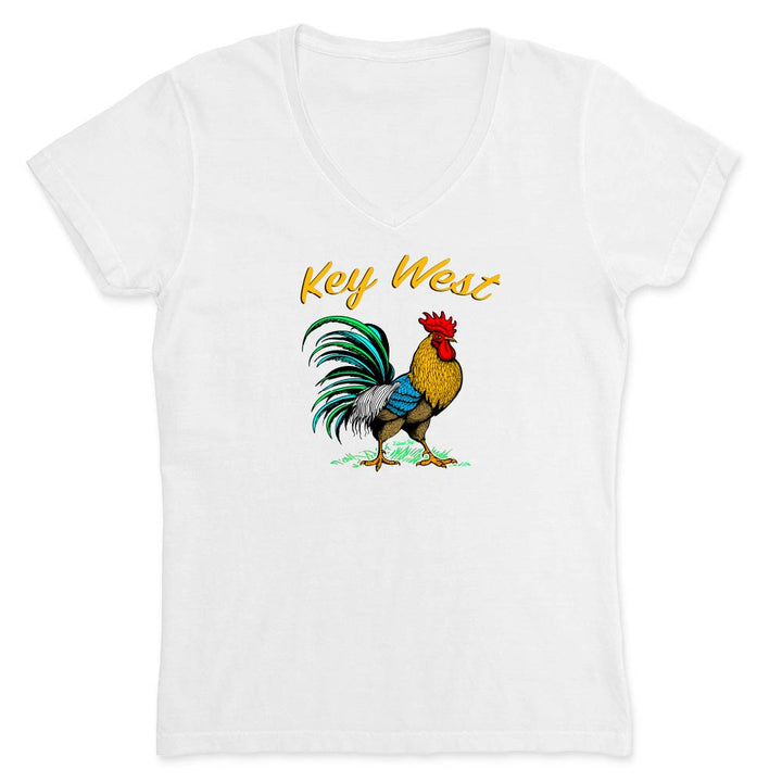 White t-shirt with a colorful rooster graphic and 'Key West' text on a white background