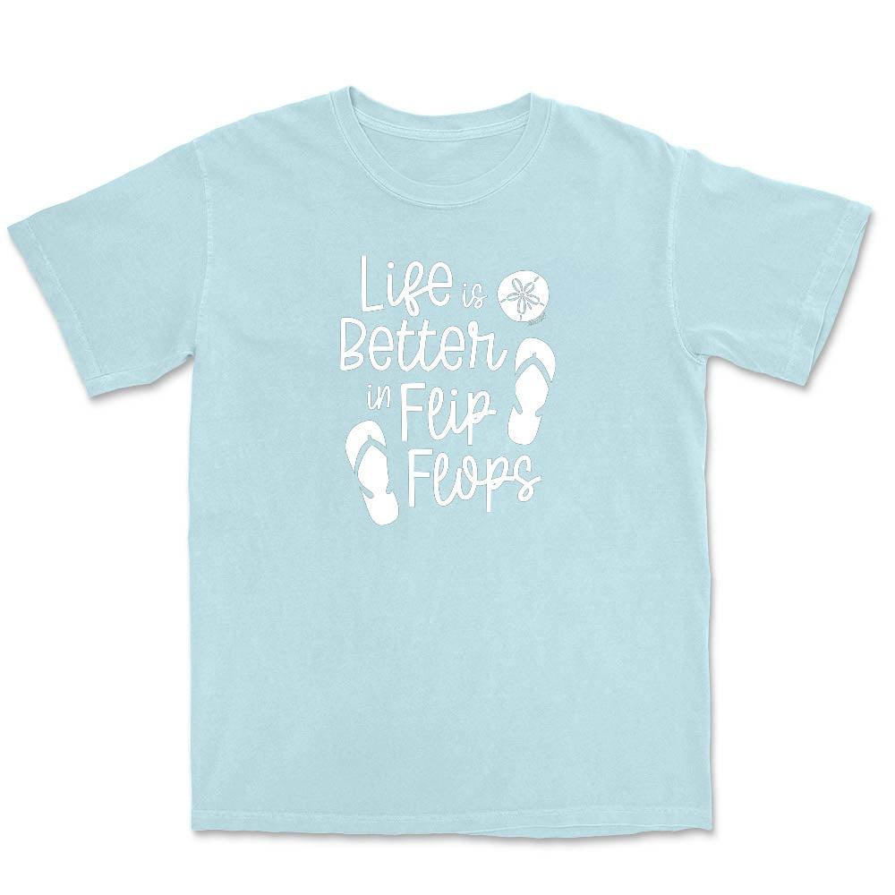 Light blue t-shirt with 'Life is Better in Flip Flops' text and flip flop icons.