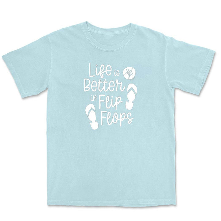 Light blue t-shirt with 'Life is Better in Flip Flops' text and flip flop icons.