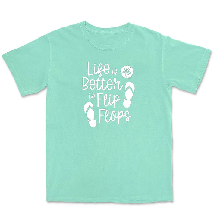 Mint green t-shirt with 'Life is Better in Flip Flops' text and flip flop icons.