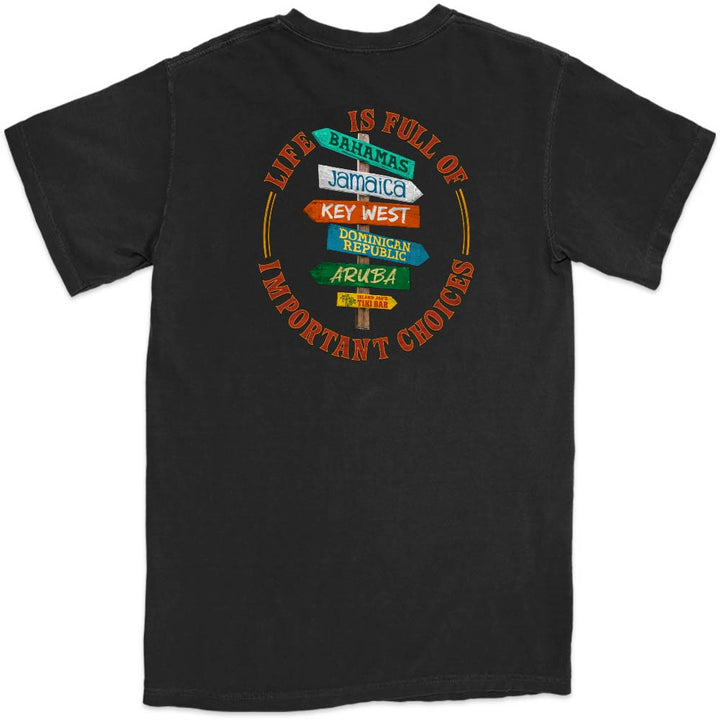 Black t-shirt with colorful rustic crossroad sign graphic and text "Life is Full of Important Choices".