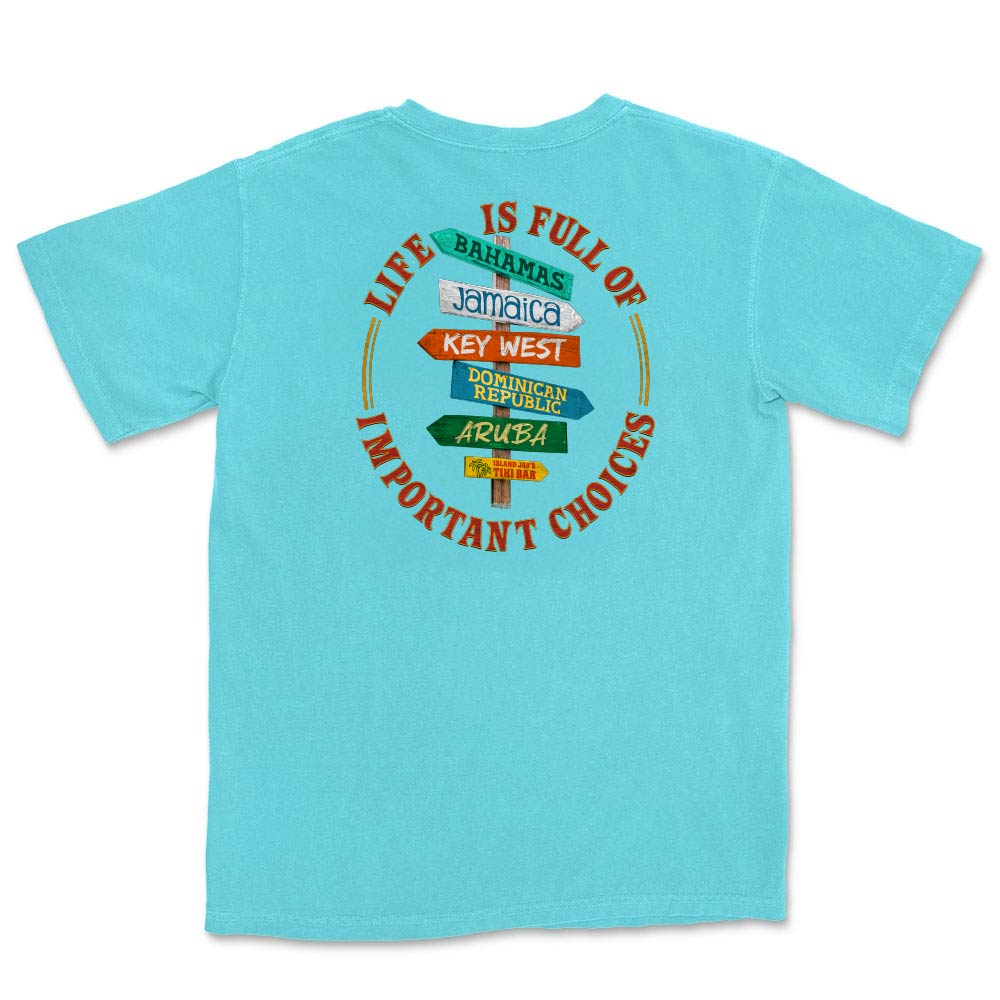 Blue t-shirt with colorful rustic crossroad sign graphic and text "Life is Full of Important Choices".