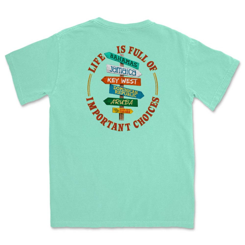 Mint green t-shirt with colorful rustic crossroad sign graphic and text "Life is Full of Important Choices".