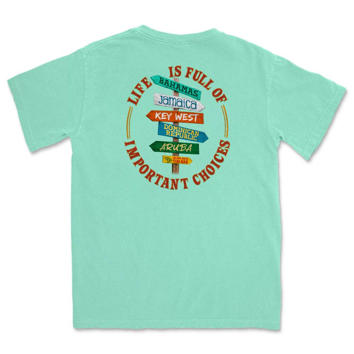 Mint green t-shirt with colorful rustic crossroad sign graphic and text "Life is Full of Important Choices".