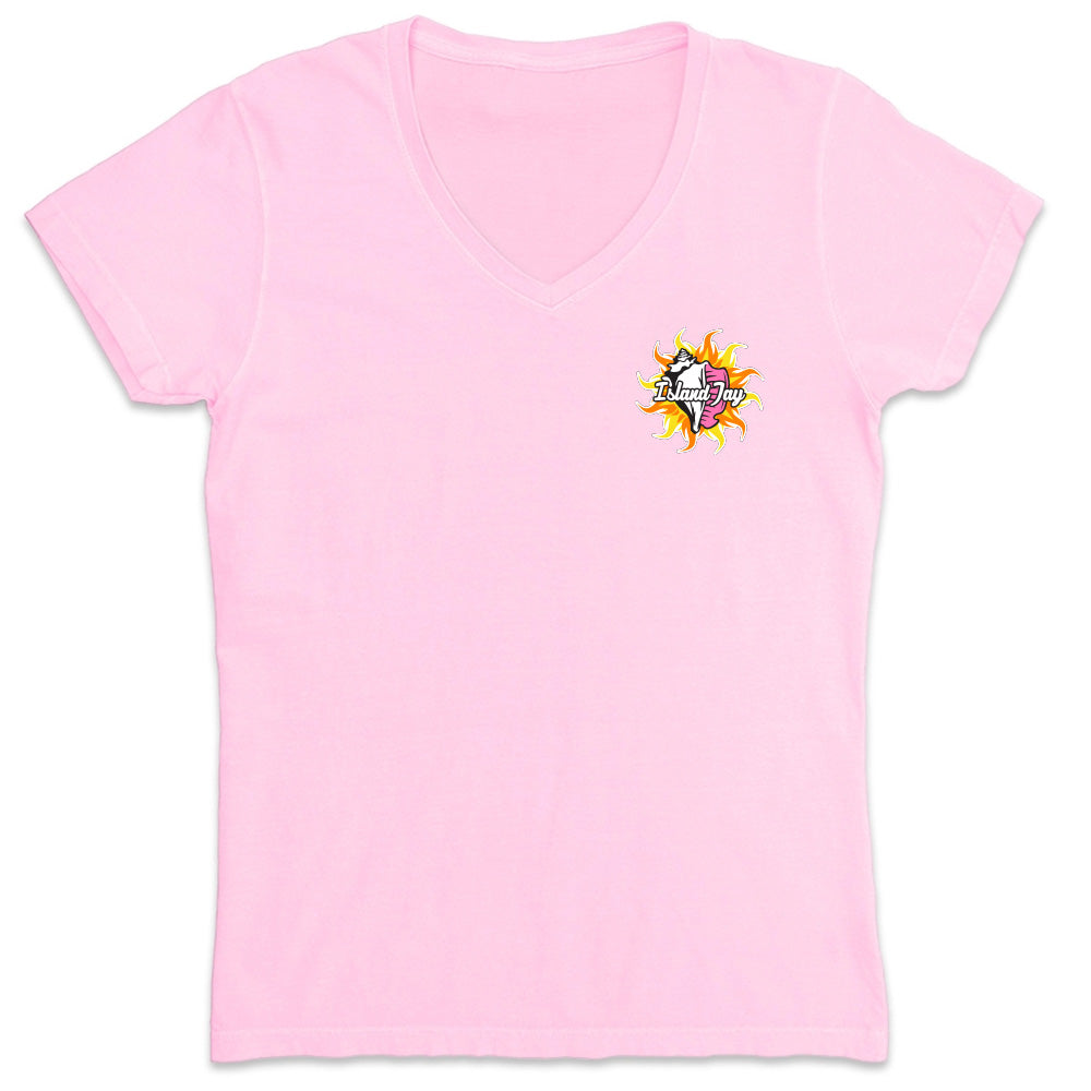 Pink t-shirt with a colorful logo on a white background