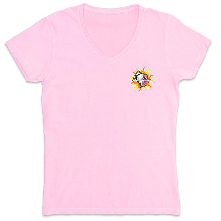 Pink t-shirt with a colorful logo on a white background