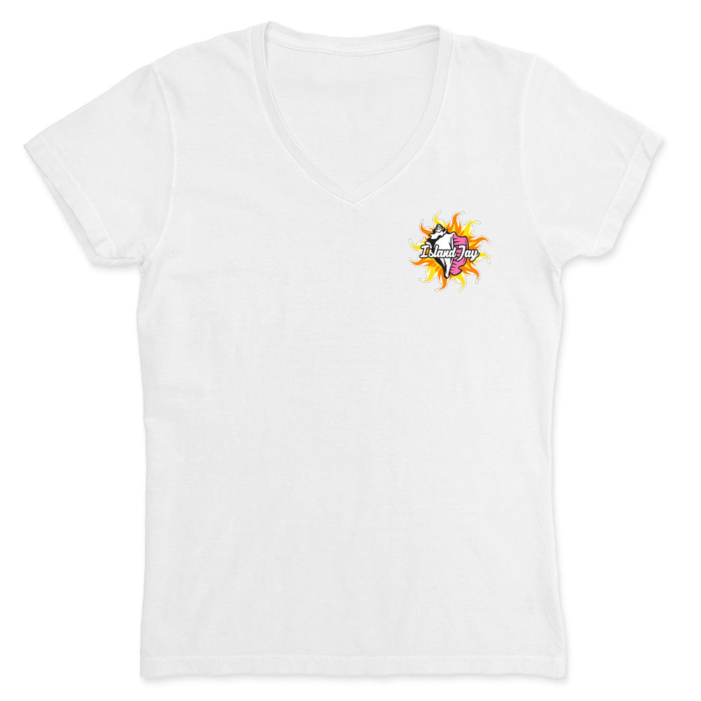 White t-shirt with a colorful graphic on a white background