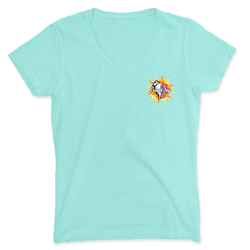 Light blue t-shirt with a colorful graphic on a white background