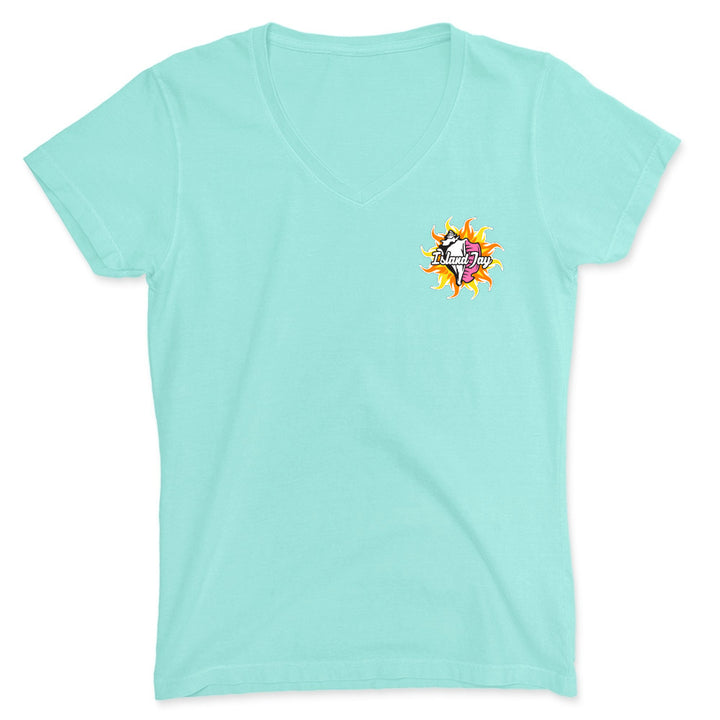 Light blue t-shirt with a colorful graphic on a white background