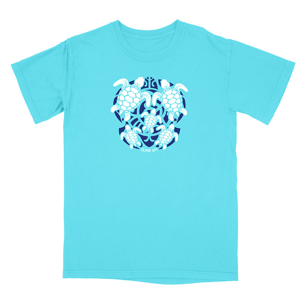 Light blue t-shirt with a white turtle design on a white background