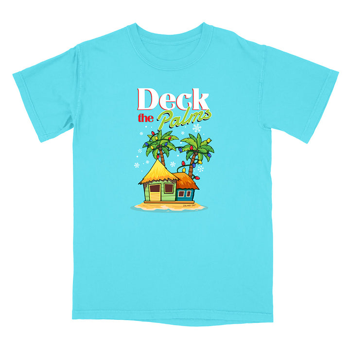 Blue t-shirt with a tropical hut and palm tree design with graphic text reading "Deck The Palms" on a white background