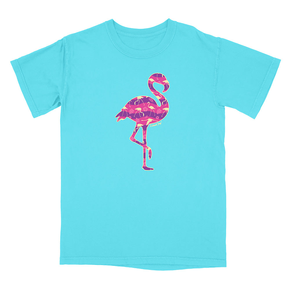 Blue t-shirt with a pink flamingo design on a white background.