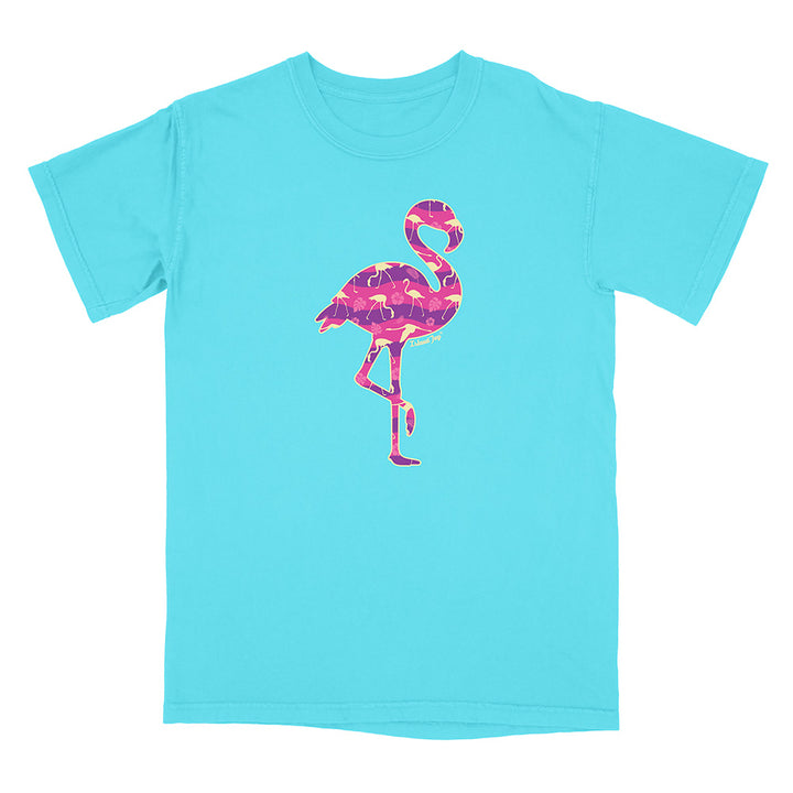Blue t-shirt with a pink flamingo design on a white background.