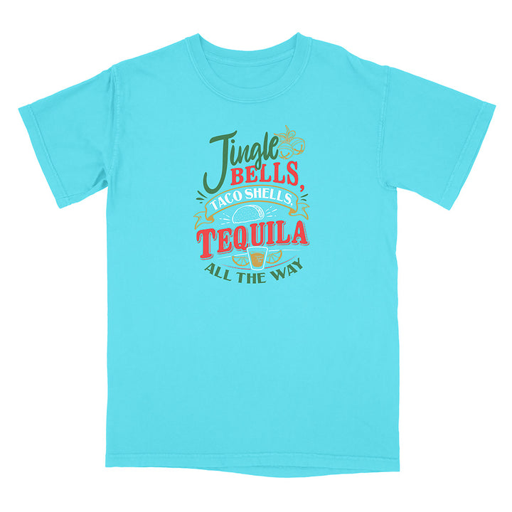 Blue t-shirt with colorful graphic and text reading "Jingle Bells Taco Shells Tequila All The Way".