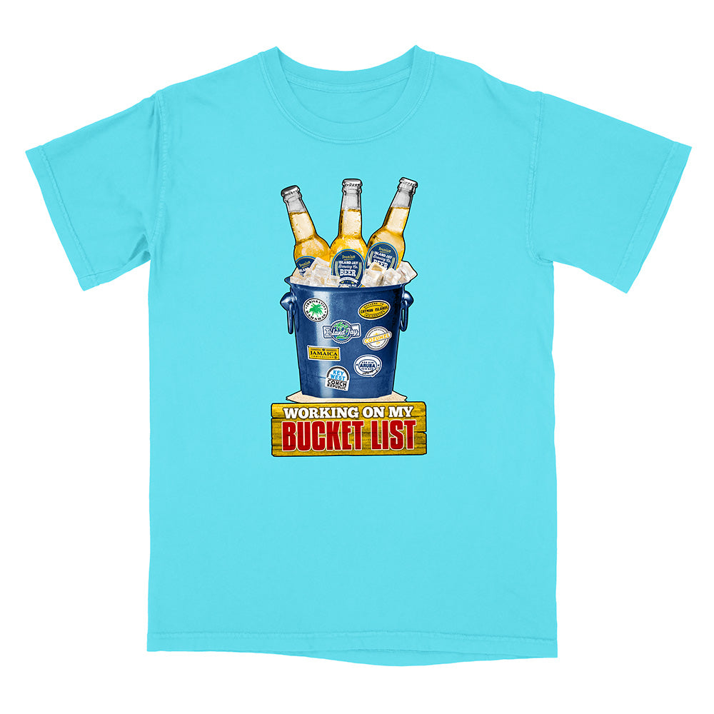 Blue t-shirt with a graphic of a bucket of beer and 'Working on my Bucket List' text.