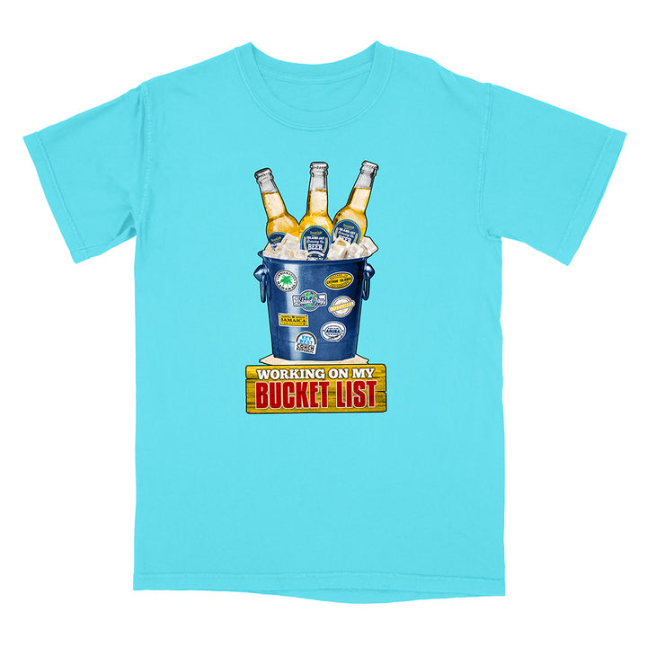 Blue t-shirt with a graphic of a bucket of beer and 'Working on my Bucket List' text.