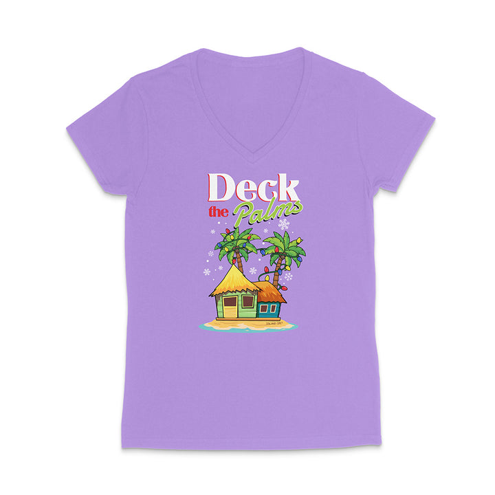 Purple t-shirt with a tropical hut and palm trees graphic and 'Deck the Palms' text on a white background.