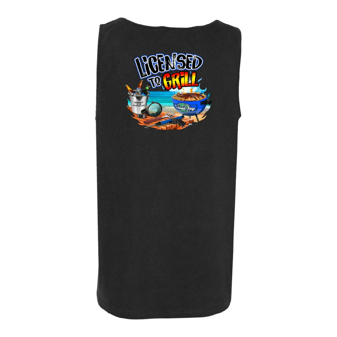 Black tank top with 'Licensed to Grill' graphic on a white background