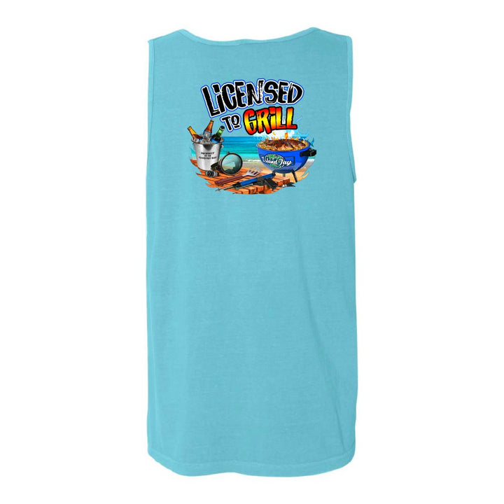 Light blue tank top with 'Licensed to Grill' graphic on a white background